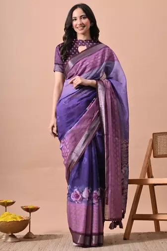 Women's purple floral print cotton blend saree with unstitched piece