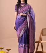 Women's purple floral print cotton blend saree with unstitched piece