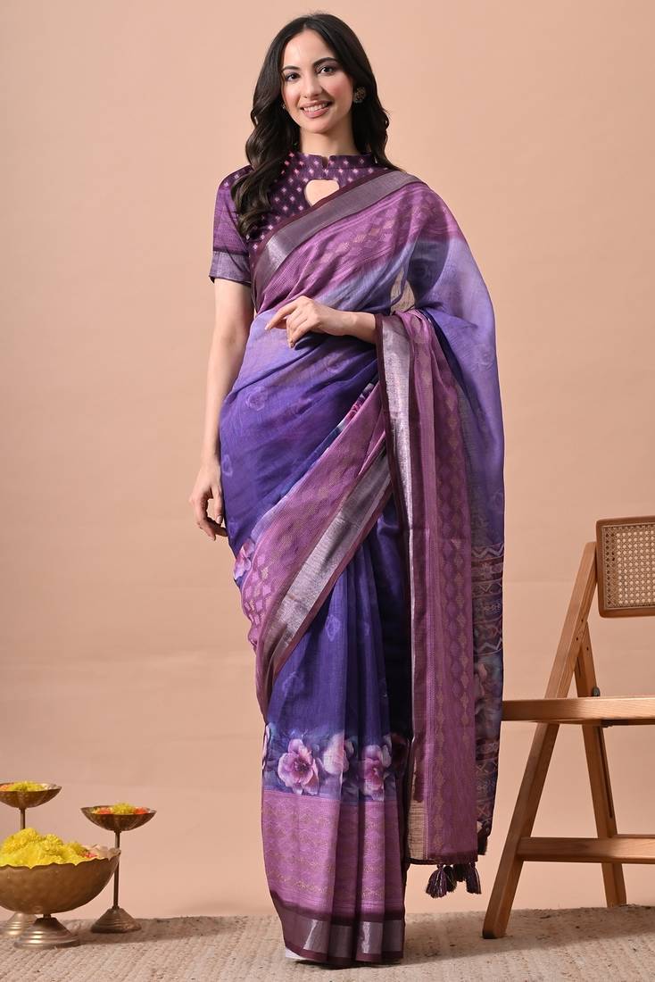 Women's purple floral print cotton blend saree with unstitched piece