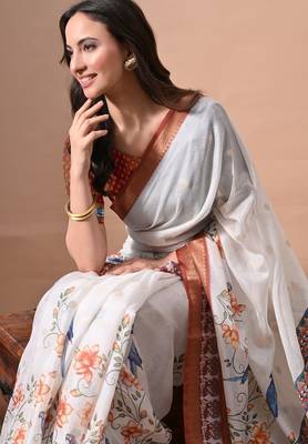 Women's off white quirky print cotton silk blend saree with unstitched piece 5