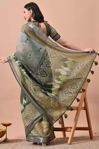 Women's green floral print cotton blend saree with unstitched piece