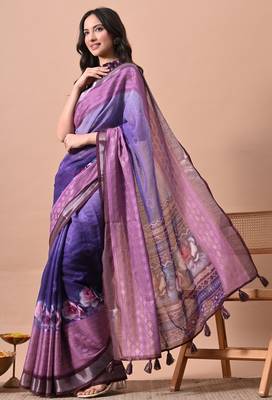 Women's purple floral print cotton blend saree with unstitched piece 2