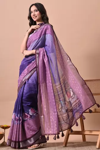 Women's purple floral print cotton blend saree with unstitched piece
