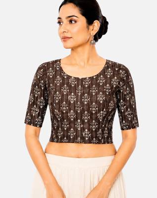 Brown printed inner cotton lining side (smocked) stretchable top readymade saree blouse 1