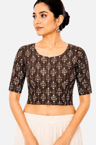 Brown printed inner cotton lining side (smocked) stretchable top readymade saree blouse