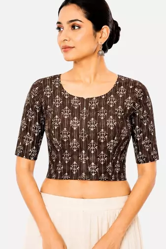 Brown printed inner cotton lining side (smocked) stretchable top readymade saree blouse