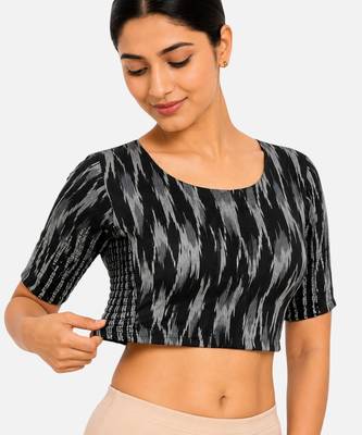 Black kalamkari ikkat printed inner cotton lining side (smocked) stretchable top readymade saree blouse 3