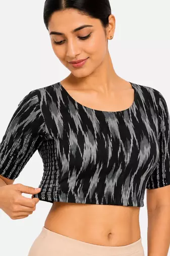 Black kalamkari ikkat printed inner cotton lining side (smocked) stretchable top readymade saree blouse