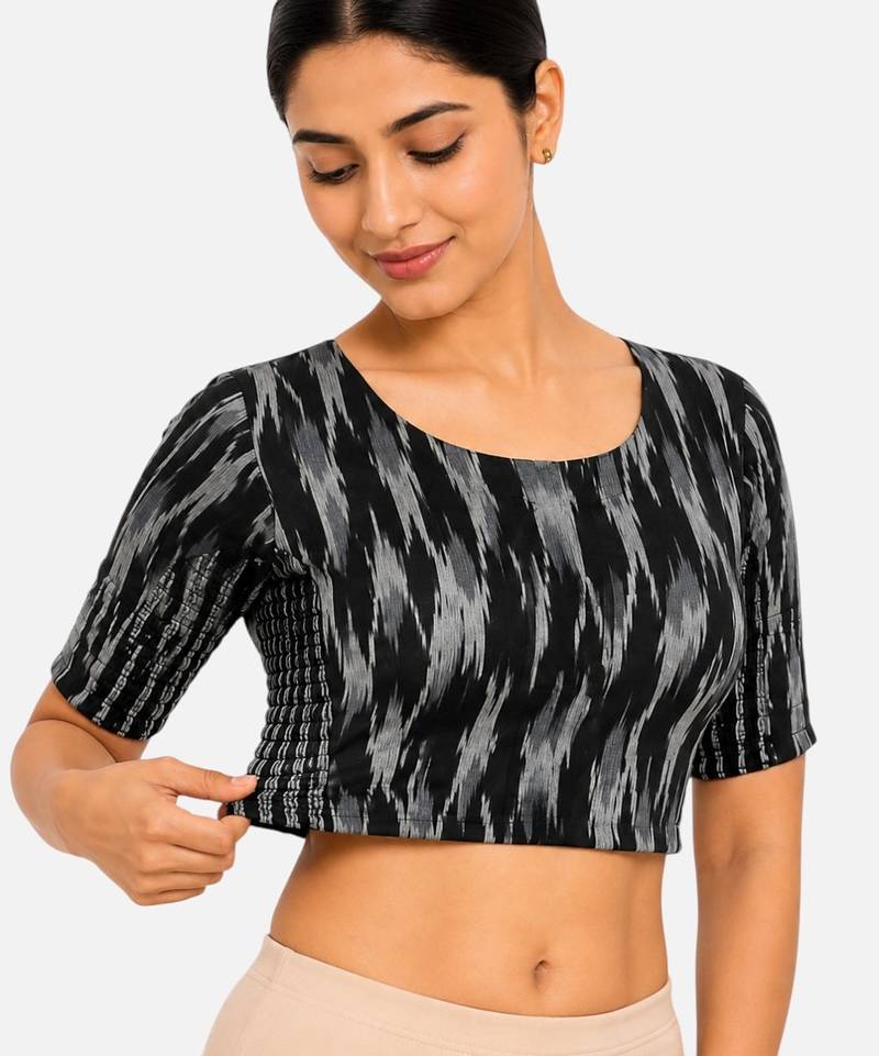 Black kalamkari ikkat printed inner cotton lining side (smocked) stretchable top readymade saree blouse