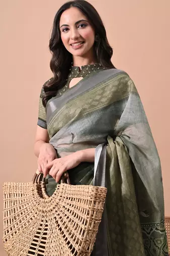 Women's green floral print cotton blend saree with unstitched piece