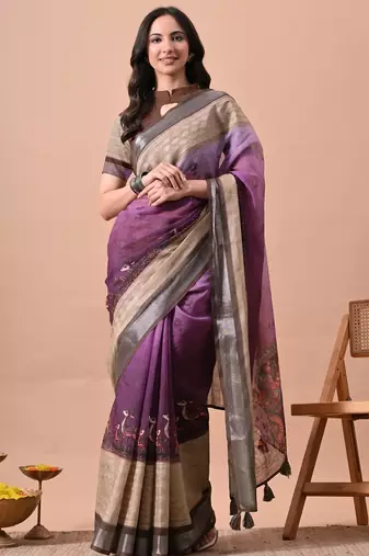 Women's purple floral print cotton blend saree with unstitched piece