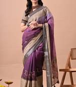 Women's purple floral print cotton blend saree with unstitched piece