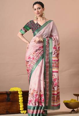 Women's pink quirky print cotton silk blend saree with unstitched piece 1
