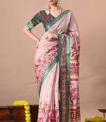 Women's pink quirky print cotton silk blend saree with unstitched piece