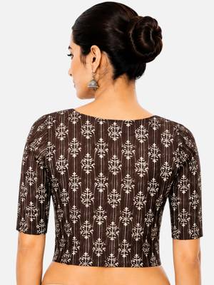 Brown printed inner cotton lining side (smocked) stretchable top readymade saree blouse 2