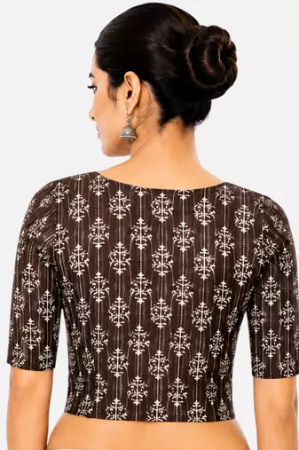 Brown printed inner cotton lining side (smocked) stretchable top readymade saree blouse