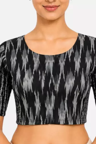 Black kalamkari ikkat printed inner cotton lining side (smocked) stretchable top readymade saree blouse