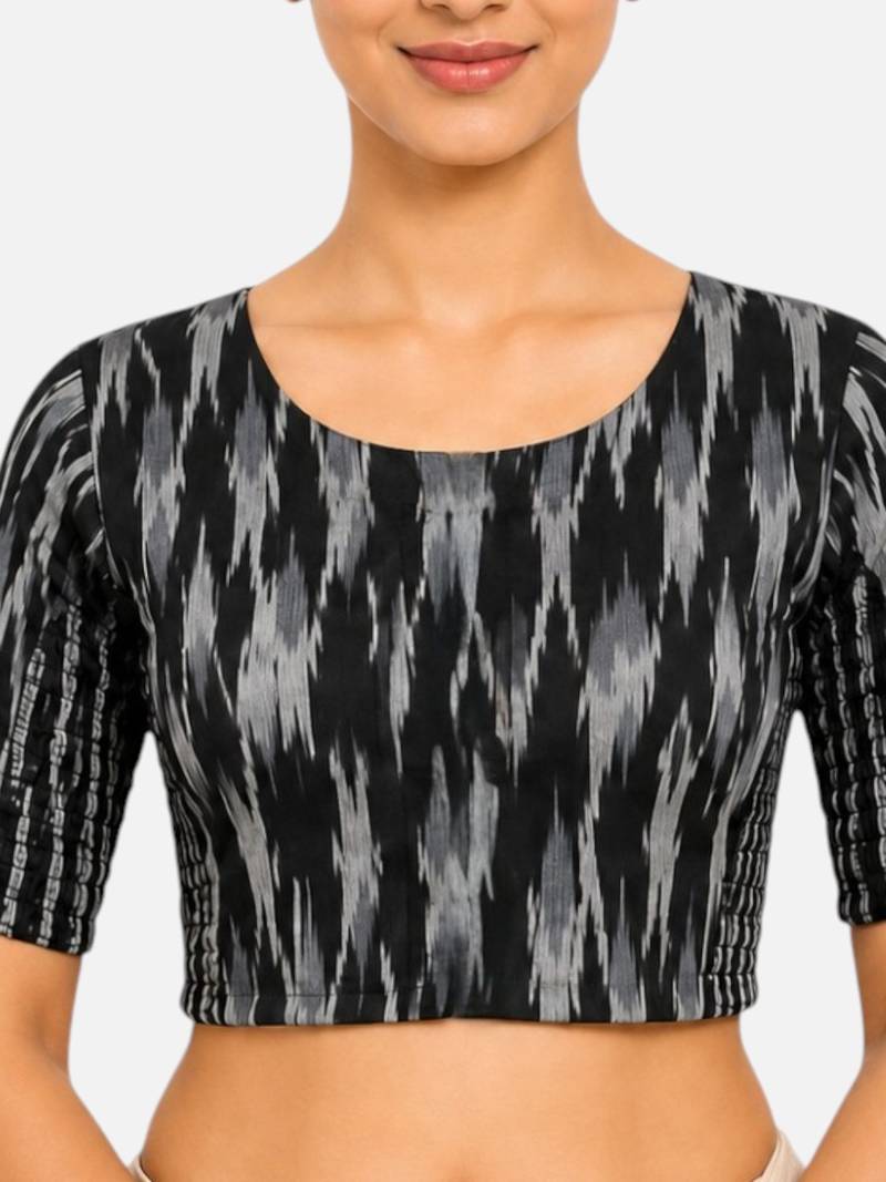 Black kalamkari ikkat printed inner cotton lining side (smocked) stretchable top readymade saree blouse