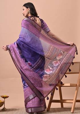 Women's purple floral print cotton blend saree with unstitched piece 3