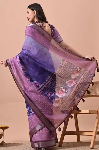 Women's purple floral print cotton blend saree with unstitched piece