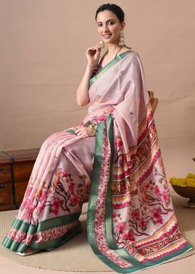 Women's pink quirky print cotton silk blend saree with unstitched piece 2