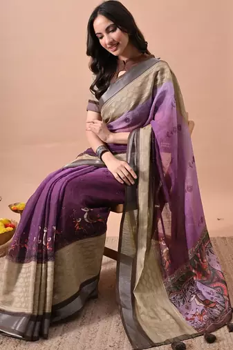 Women's purple floral print cotton blend saree with unstitched piece