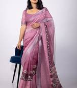 Women's pink floral print cotton blend saree with unstitched piece