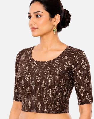 Brown printed inner cotton lining side (smocked) stretchable top readymade saree blouse 3