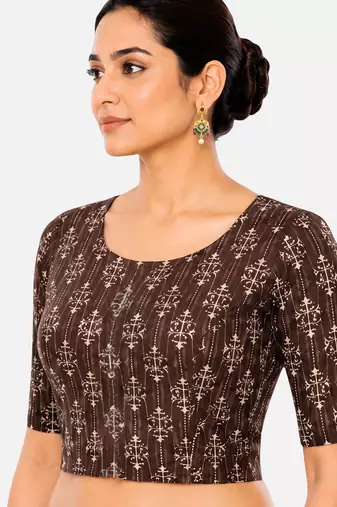 Brown printed inner cotton lining side (smocked) stretchable top readymade saree blouse