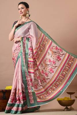 Women's pink quirky print cotton silk blend saree with unstitched piece 3