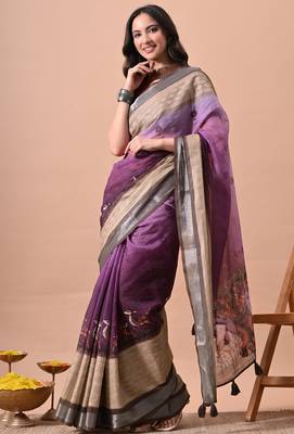Women's purple floral print cotton blend saree with unstitched piece 3