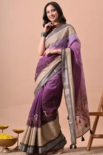 Women's purple floral print cotton blend saree with unstitched piece