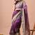 Women's purple floral print cotton blend saree with unstitched piece