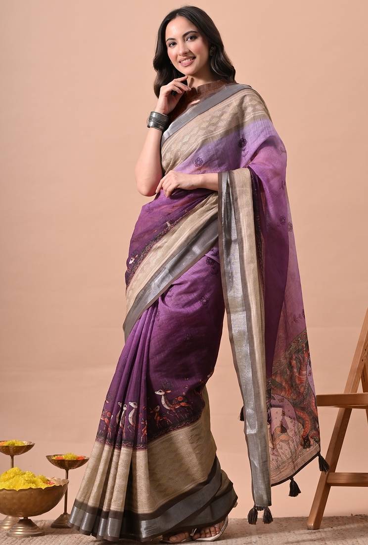 Women's purple floral print cotton blend saree with unstitched piece
