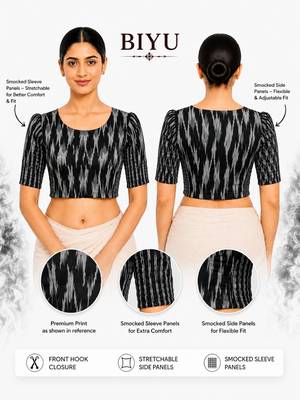 Black kalamkari ikkat printed inner cotton lining side (smocked) stretchable top readymade saree blouse 5