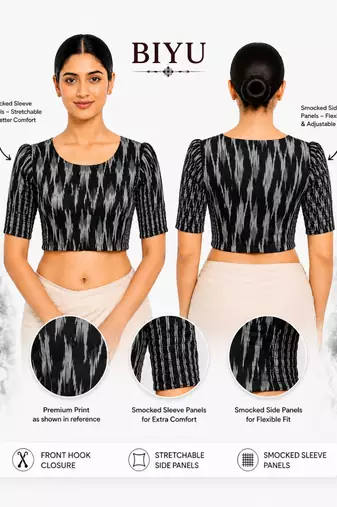 Black kalamkari ikkat printed inner cotton lining side (smocked) stretchable top readymade saree blouse