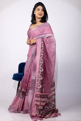 Women's pink floral print cotton blend saree with unstitched piece 2