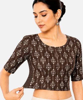 Brown printed inner cotton lining side (smocked) stretchable top readymade saree blouse 4