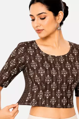 Brown printed inner cotton lining side (smocked) stretchable top readymade saree blouse