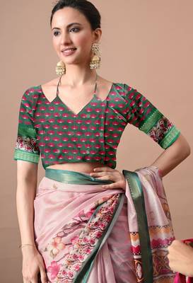 Women's pink quirky print cotton silk blend saree with unstitched piece 4
