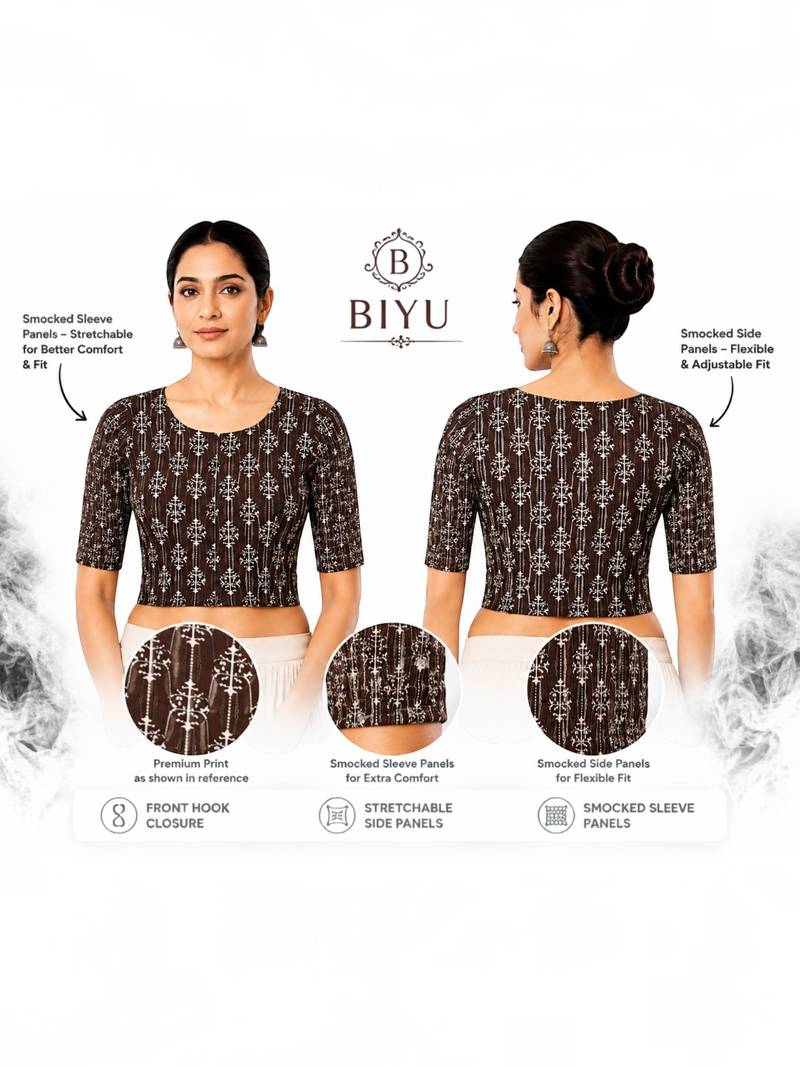 Brown printed inner cotton lining side (smocked) stretchable top readymade saree blouse