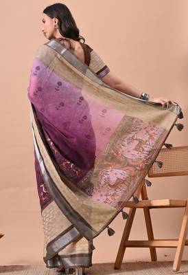 Women's purple floral print cotton blend saree with unstitched piece 4