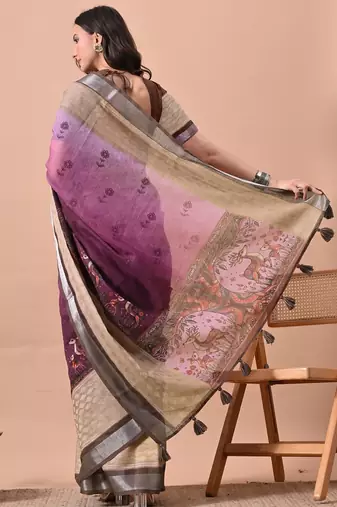 Women's purple floral print cotton blend saree with unstitched piece