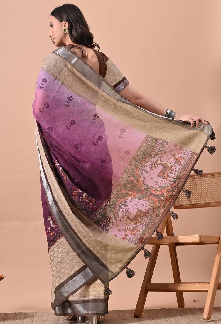 Women's purple floral print cotton blend saree with unstitched piece