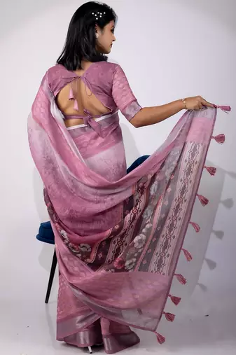 Women's pink floral print cotton blend saree with unstitched piece