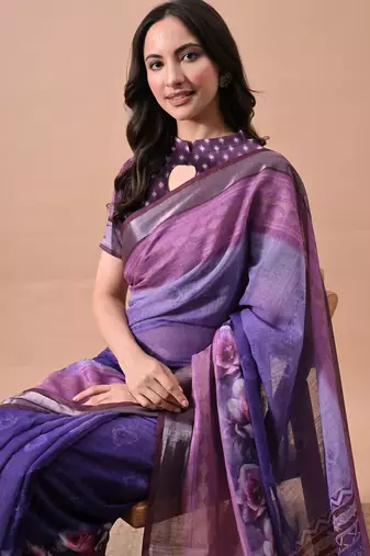 Women's purple floral print cotton blend saree with unstitched piece
