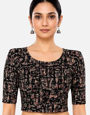 Black kalamkari printed inner cotton lining side (smocked) stretchable top readymade saree blouse 1