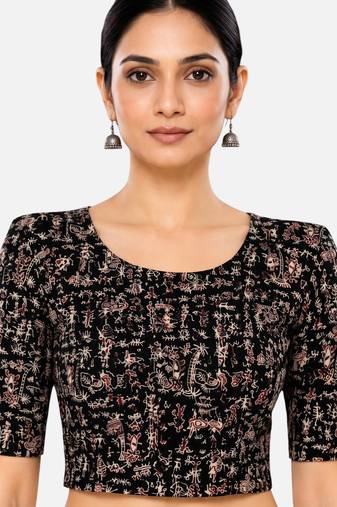 Black kalamkari printed inner cotton lining side (smocked) stretchable top readymade saree blouse