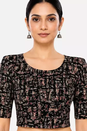 Black kalamkari printed inner cotton lining side (smocked) stretchable top readymade saree blouse