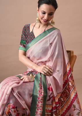 Women's pink quirky print cotton silk blend saree with unstitched piece 5